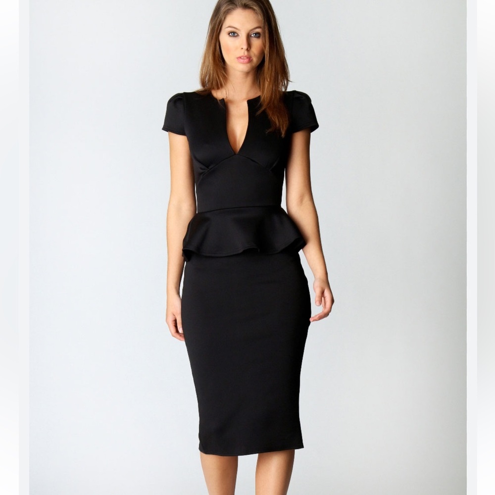 Boohoo Cap Sleeve Peplum Midi Black Dress